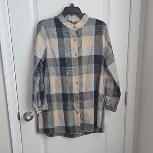 Blue and Green Button Down Shirt with Classic Plaid Design